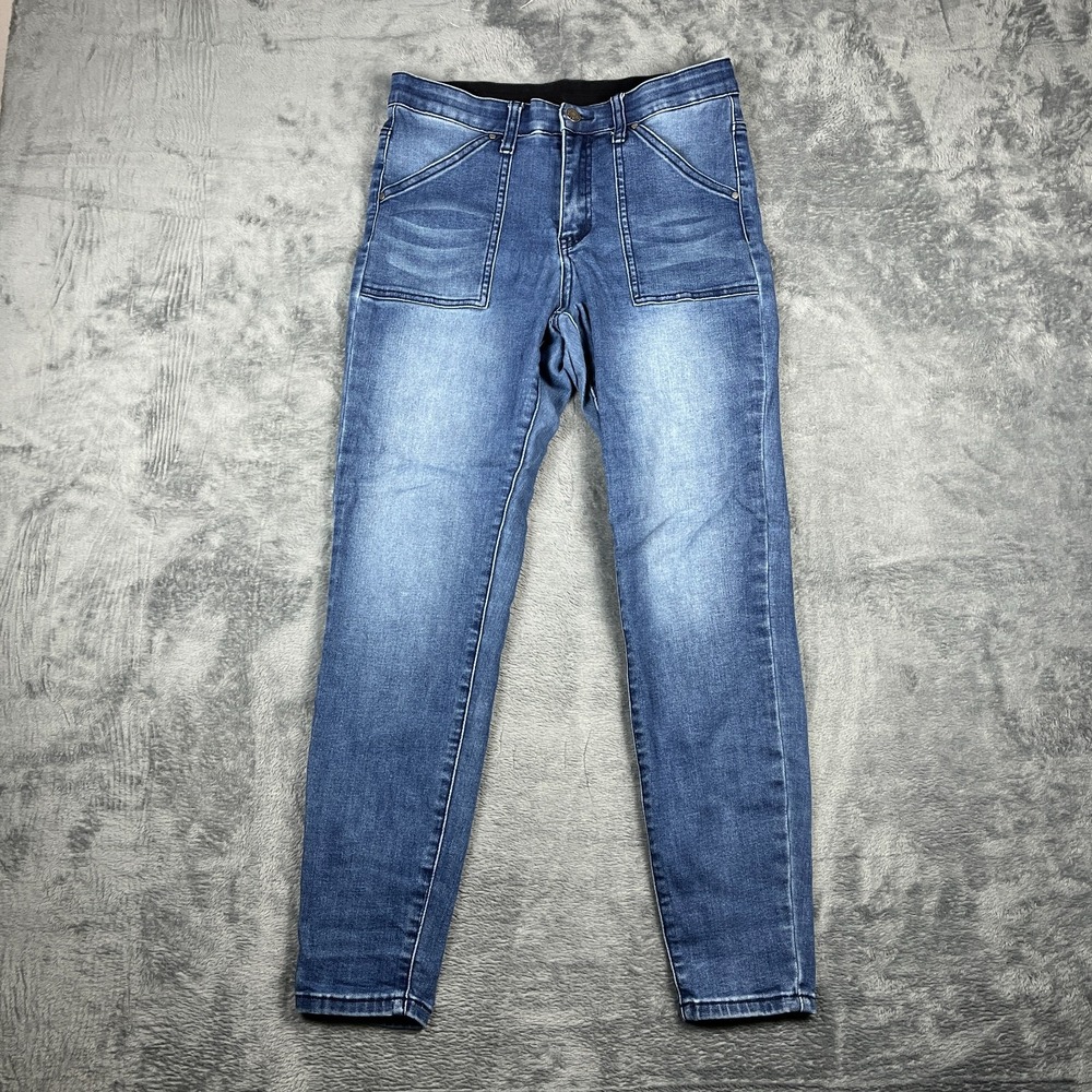 Grace & Lace Skinny Jeans Women 10 Blue Whiskered Denim Patch Pockets Faded Wash